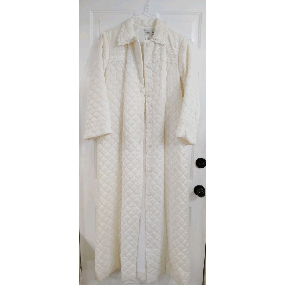 Christian Dior Vintage Quilted Robe Cream Long Size Large Lace and Ribbon Trim